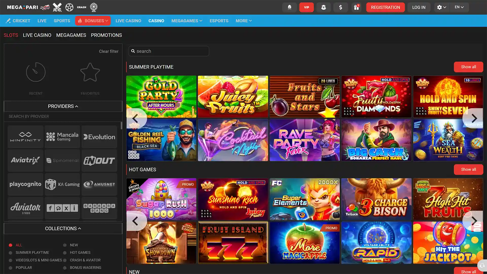 Browse the casino interface at MegaPari to play exciting slots.